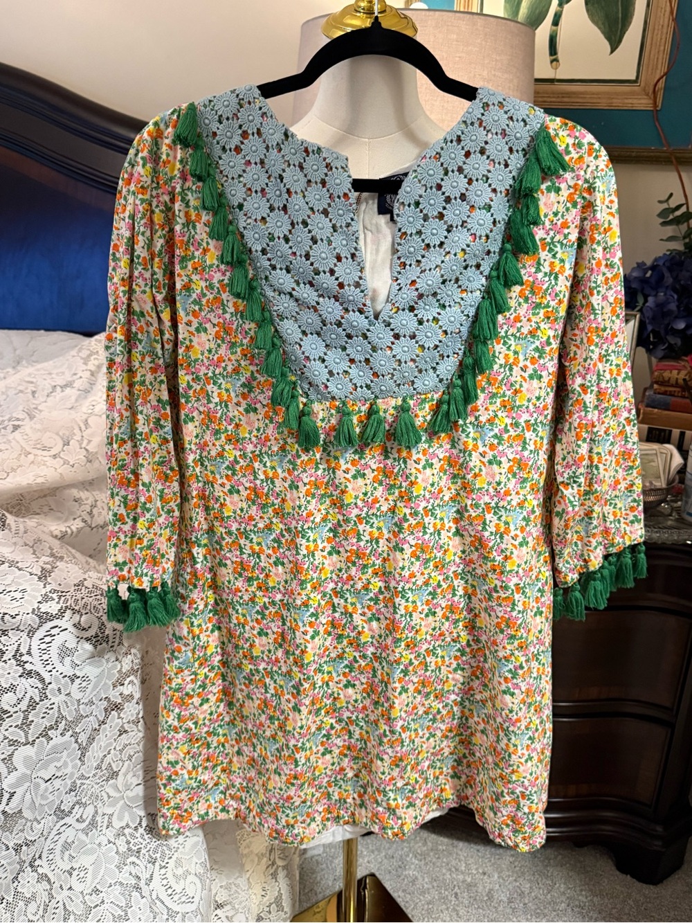 Floral Tassel-Trim Tunic Dress in Green and Blue